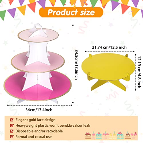 6 Pieces Colorful Cupcake Stand Set 3 Tier Cardboard Dessert Tower 1Tier Cupcake Display Stand Serving Cupcake Holder For Birthday Baby Shower All Themed Party Events Cake Display, Pink, Blue, Yellow #TOP1