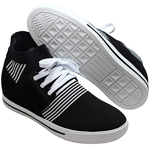 Toto Men's Invisible Height Increasing Elevator Shoes - Black/White Knitted Lace-Up High-Top Ankle Sneakers - 2.8 Inches Taller - H36091 - Size 9 D(M) Us #TOP4