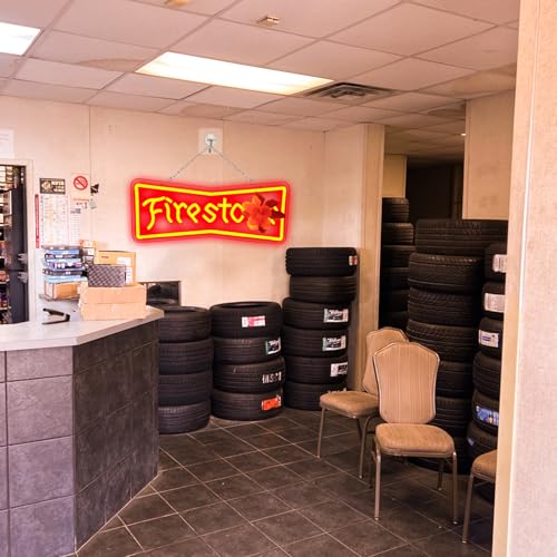 Image of WonderfulLife Fire Stone Tires Neon Sign for Garage or Auto Repair Store,Bright Light for Automotive Supplies Store Display,5V USB Powered Easy Hanging.