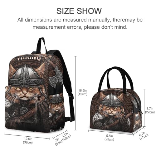 Backpack Lunch Box Set Large Capacity Travel Backpacks and Insulated Lunch Bag for Commute Hiking Picnic Viking Cat Print2