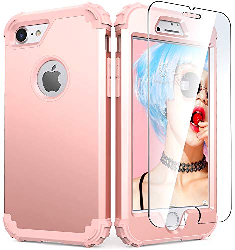 IDweel for iPhone 8 Case with Tempered Glass Screen Protector, for iPhone 7 Case, 3 in 1 Shockproof Slim Hybrid Heavy Duty Hard PC Cover Soft Silicone Bumper Full Body Case, Rose Gold