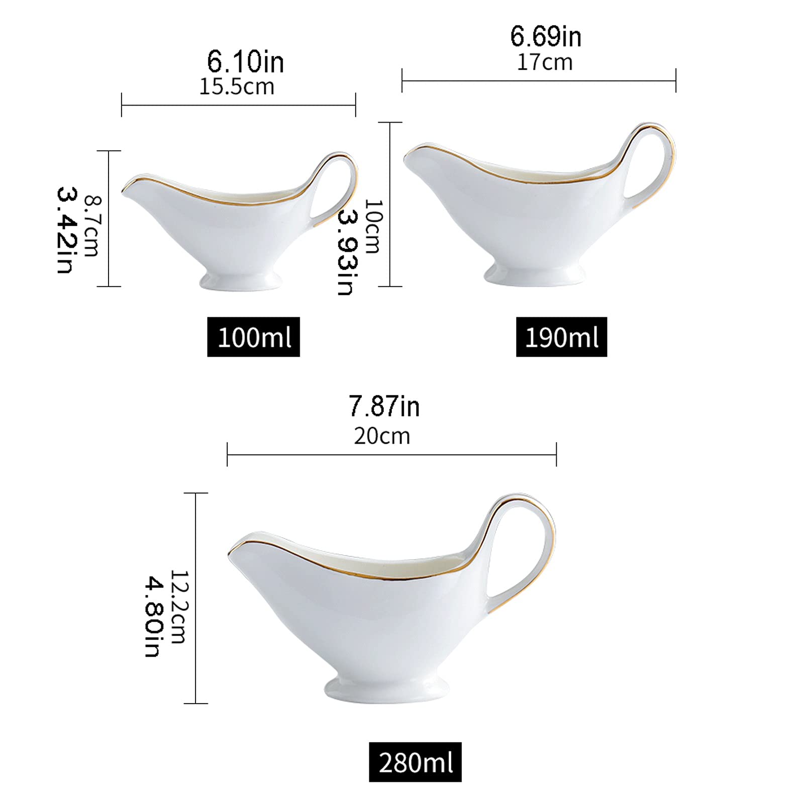 NZPOST Sauciere, weiße Sauciere mit goldenem Rand, schlankes Sauciere-Design mit breiter Öffnung, damit die Soße Nicht leicht ausläuft, einfach zu verwendende Sauciere (weiß, L)