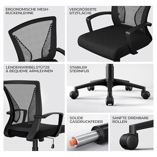 Yaheetech Bürostuhl Ergonomisch, Schreibtischstuhl mit Netzbespannung, Arbeitsstuhl mit Armlehnen, Chefsessel aus Mesh, höhenverstellbarer Computerstuhl 136 kg, atmungsaktiv, Wippfunktion Schwarz