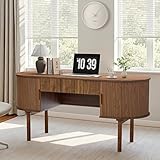 Executive Office Desk with Storage, 63 Inch Large Computer Workstation Desk with Drawer and File Cabinets, Mid Century Modern Fluted Wood Writing Desk for Home Office, Study Room, Living Room, Walnut