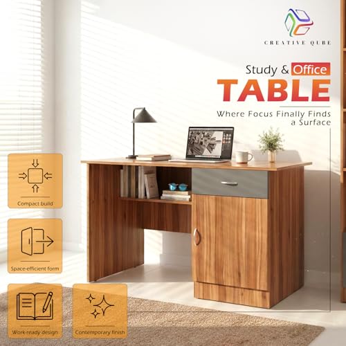 Image of 120x60x75 CM Engineered Wood Study & Office Table | 1 Year Warranty | Compact Table with 1 Open Shelf, Drawer & Cabinet for Work from Home | Easy DIY Assembly- Lyon Walnut & Gothic Grey