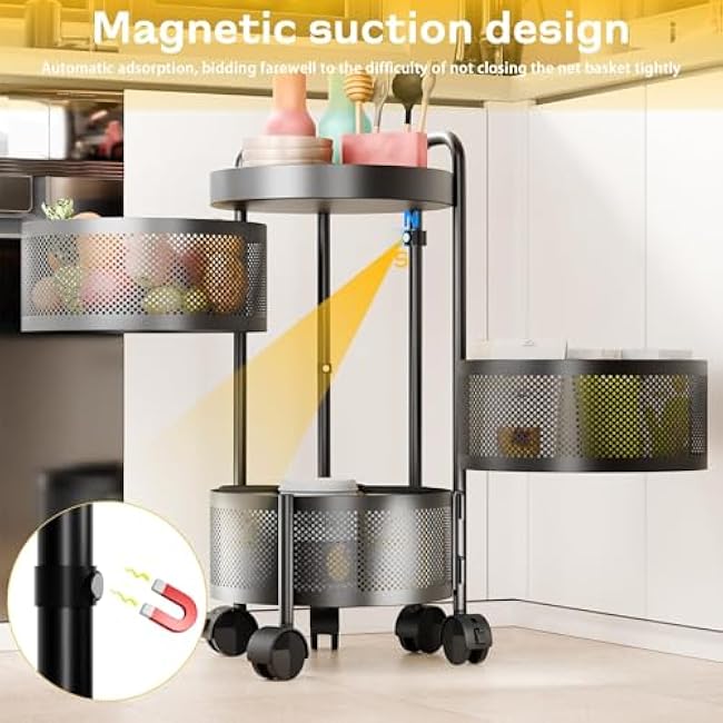 Fruit Vegetable Basket for Kitchen, Rotating Storage Rack, Upgraded Rolling Cart with top lid, Magnetic Design Detachable and Washable Kitchen Storage Cart Potatoes Storage Round Black 3 Tiers-WFKqLyVa