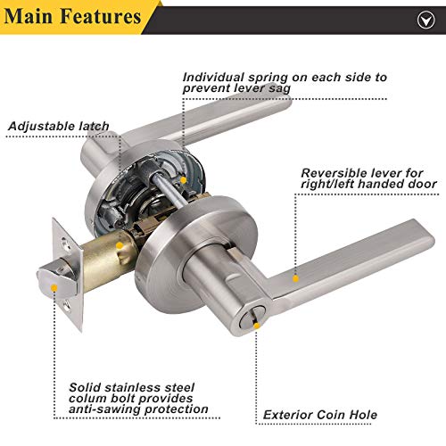 Probrico Satin Nickel Privacy Door Levers, Flat Interior Bath/Bed Door Handles, Reversible For Right & Left Handed Bedromm/Bathroom Doors, 10 Pack #TOP4