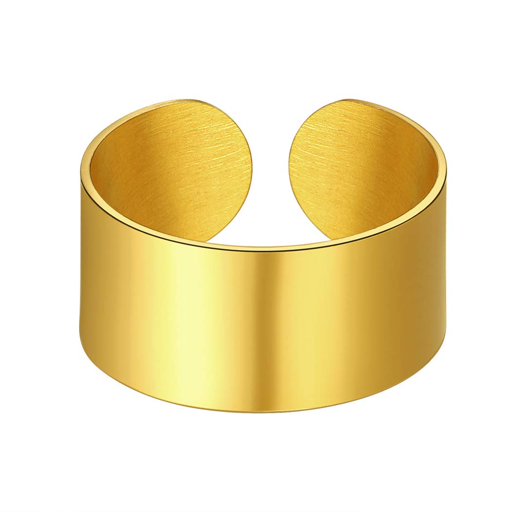 SuplightWide Band Ring, Stainless Steel Yellow Gold Black Plated Matte Shinny Finish Adjustable Open Ring, Statement Thumb Finger Ring for Women Men
