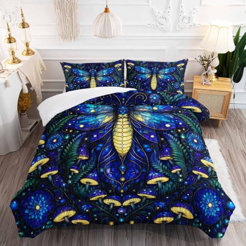 Image of AILONEN Full Comforter Set 3 Piece, Blue Firefly Mushroom 3D Printed Bedding with 2 Pillowcases, Soft Breathable Microfiber Celestial Decor for Guest Room