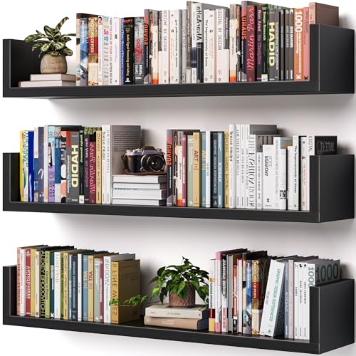 Image of Wall Bookshelf, Set of 3, U Shaped Floating Bookshelf, Hanging Bookshelves for Wall, Wall Mounted Shelves for Living Room Bedroom Office (Black, 23.6 Inches, 3)