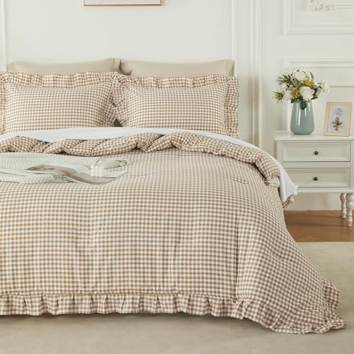 Image of Cupocupa Gingham Ruffle Comforter Set King - 3 Piece Tan Checkered Bedding Set - Aesthetic Cottagecore Ruffled Farmhouse Comforter with 2 Pillow Shams - Soft, Lightweight All Season Bedding