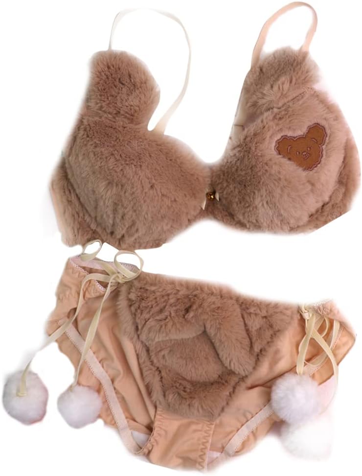 Ixkbiced Womens Lolita 2pcs Bra Panty Set Cute Bear Fluffy Plush Bow Underwear Lingerie
