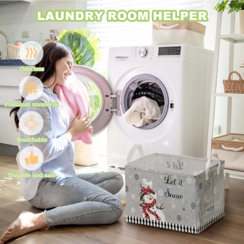Image of Grey Christmas Snowman Storage Baskets, Empty Christmas Gift Baskets, Let It Snow Winter Farmhouse Style Large Square Waterproof Canvas Laundry Hamper, Foldable Toy & Clothes Bins for Bedroom