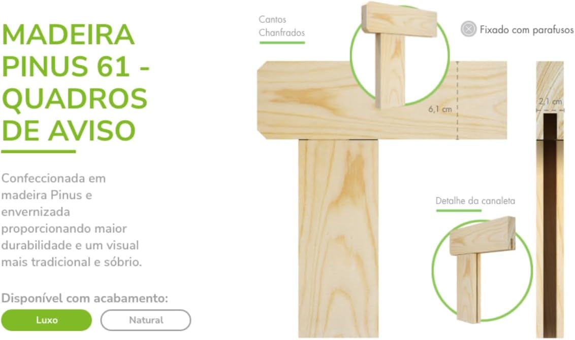 Quadro de Cortiça Standard, 90cm X 60cm, Mold. Pinus Luxo - Souza & Cia (Ref: 3294)