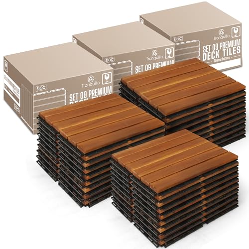 Tranquillo Interlocking Deck Tiles 12”x12”, Acacia Wood Patio Tiles, Waterproof Flooring Tiles for Indoor and Outdoor – Non-Slip, Easy Installation (Natural - Striped Pattern, 27 Pcs - 27 Square Ft)