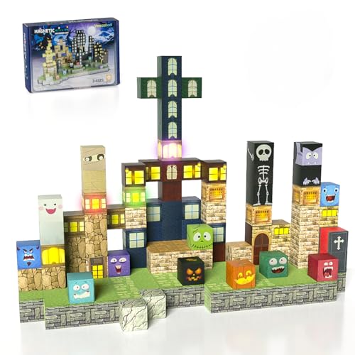 Veecafiodi Magnetic Blocks -137PCS Lights Halloween Building Blocks,World Magnetic Tiles Kids Build Cubes 3+,STEM Toys for 3-5 4-8 5-7 Year Old Boys,Sensory Creative Activities Birthday Gift