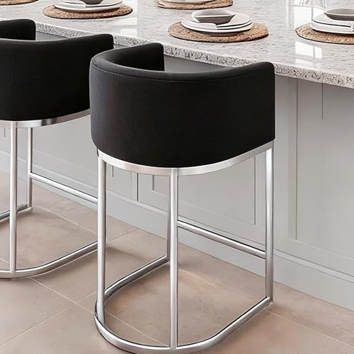 Image of HNY Modern Counter Height Linen Fabric Upholstered Counter Stool, 29 Inch Charcoal Kitchen Island Stool with Chrome Finish Metal Frame, Charcoal