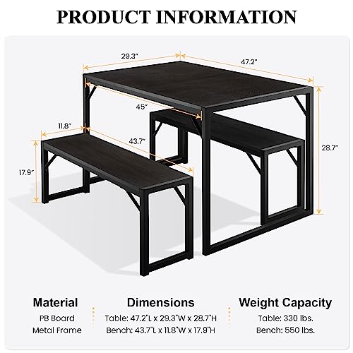 Image of SHA CERLIN Kitchen Dining Table Set for 4 with Benches, Rustic Small Space Saving Dinette, Heavy Duty Metal Frame