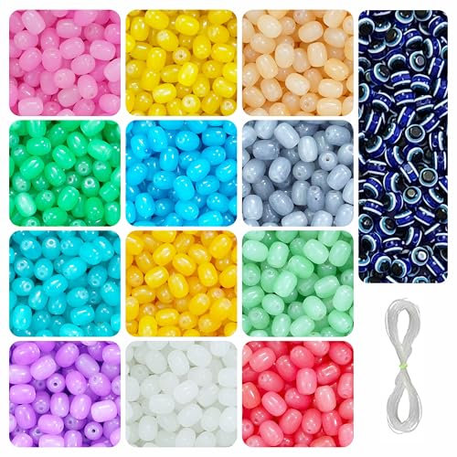 Image of 15 Pcs Evil Eye Beads + 215 Pcs Cylinder Glass Beads for Jewellery Making Kit - Glass Beads for Bracelet Making Kit - Bead Craft - 8 * 11 mm
