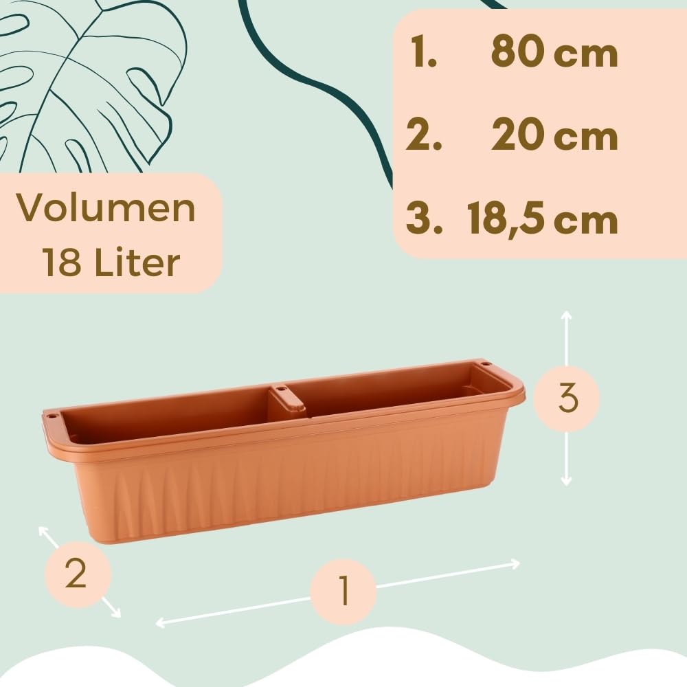 GarPet Blumenkasten Balkon Balkonkasten mit Halterung Pflanzkasten Balkonkasten mit Wasserspeicher Blumenkasten Balkongeländer Geländerkasten ohne Bohren Terracotta 80 cm