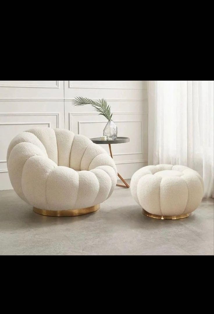 Royal Wood Furnishings/Modern Bouclé Accent Chair + Ottoman | Pumpkin Shape Single Seater Sofa Chair for Living Room Bedroom & Balcony Decor with Gold Edition (Off White)-picture-20