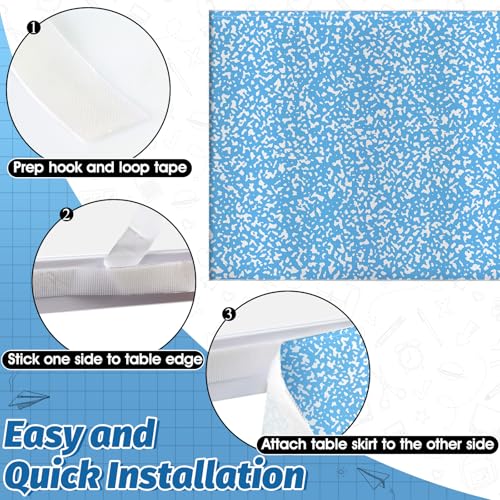 Image of 9FT Blue and White Composition Table Skirt Teacher Desk Skirt for Composition Notebook Classroom Decor Rectangle Table Cover for Back to School Party Supplies Kindergarten Office Bookcase Cabinet
