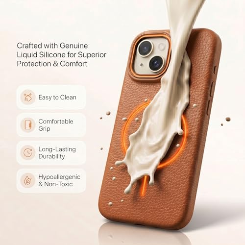Image of amazon basics Luxury MagSafe Compatible Leather Texture Back Cover for iPhone 13 | Raised Camera Protection | Slim Fit Shockproof Case with Metallic Accents (Orange)