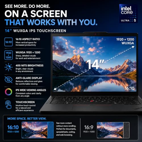 Image of Lenovo ThinkPad T14 Gen 6 Business Laptop | 14 inch WUXGA IPS Touchscreen | Intel Core Ultra 5 225U | 16GB DDR5 RAM | 512GB SSD | Backlit Keyboard | Fingerprint Reader | RJ-45 | Wi-Fi 6 | Windows 11 Pro