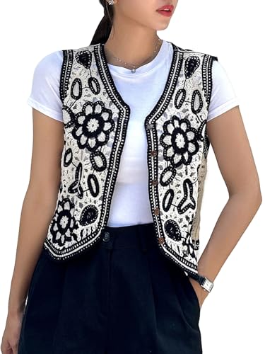 GORGLITTER Women's Embroidered Crochet Knitted Vest Tops Boho Floral Button Front Sweater Vest