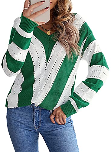 Image of FEKOAFE Womens 2026 Deep V Neck Sweaters Striped Long Sleeve Knit Pullover Sweaters for Women