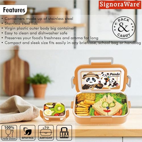 Image of SignoraWare Buster Stainless Steel Lunch Box | Airtight & Leakproof | Durable & Odorless | Ideal for Office, School & Travel Use | Easy to Clean & Carry (850ml + 130ml | Brown)