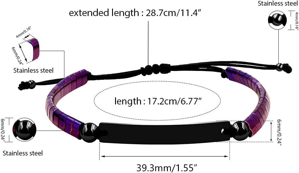 Personalized Handmade Braided Rope ID Plate Couples Bracelets for Women Men Dad Stainless Steel Engraving Name Plate Friendship with Black Natural Hematite Stone Y1456 (Customize-Purple)