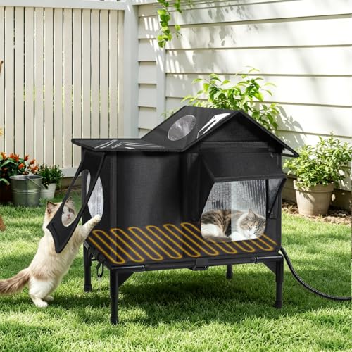 Heated Outdoor Cat House Weatherproof with Heating Pad Insulated Feral Cat Houses for Outdoor Cats Safe Escape Door Heated Cats House for Outside Outside Stray Cats Shelter with Elevated Base(S)