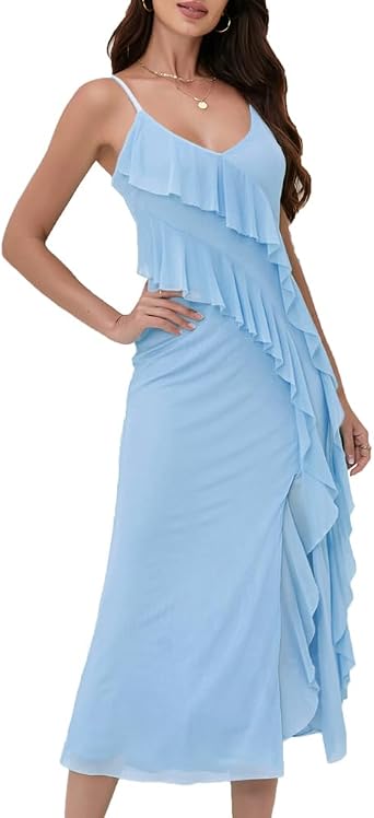 Womens Spaghetti Strap Ruffle Side Split Long Dress Bodycon Beach Maxi Dresses