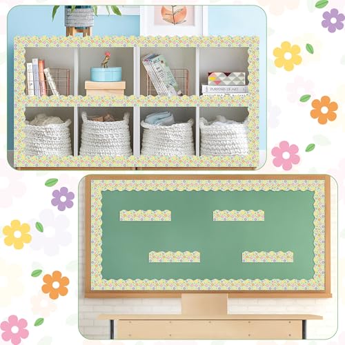 Image of BeYumi Spring Floral Border Trim - 65ft Spring Floral Scalloped Rolled Border Trim Daisy Flower Green Bulletin Board Set Back to School Classroom Office Chalkboard Decor Springtime Party Decoration