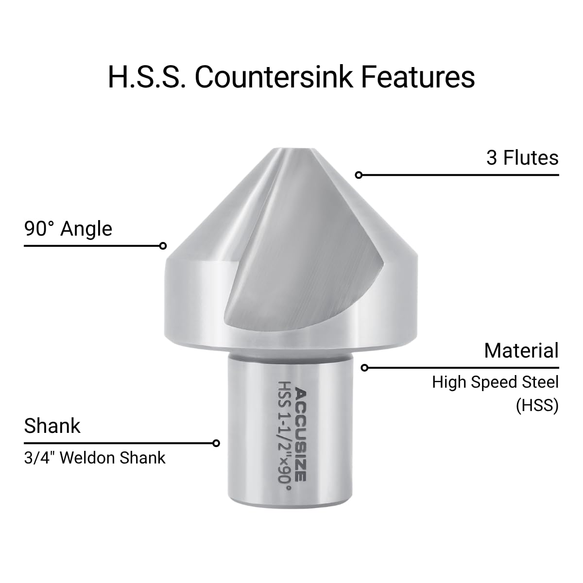 Accusize Industrial Tools 1-1/2 '' Hss svasatore per Rota-Cutter, 3/4 '' gambo Weldon per perforatrici magnetiche, 90 gradi, Ce00-0112