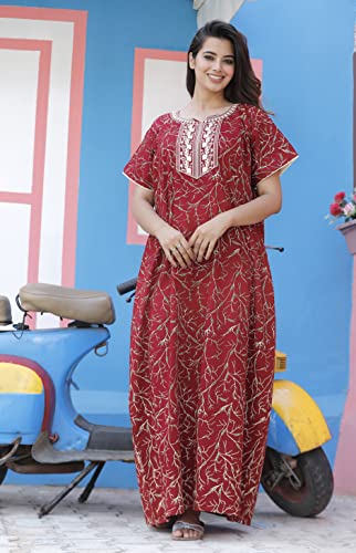 Image of DIAMO Pure Cotton Embroidery Nighty for Women, Cotton Night Gown, Night Maxi Gown, Cotton Nighty with a Pocket and Adjustable Knot