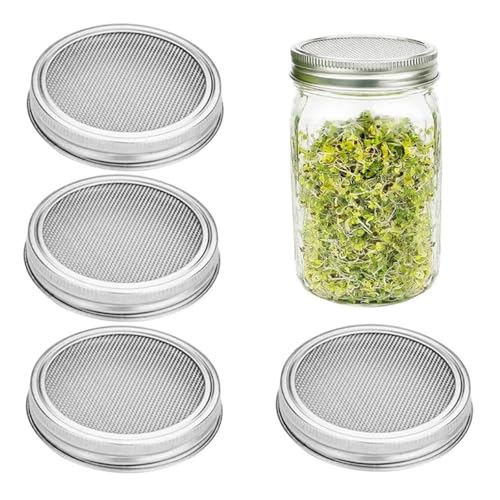 Juego de 4 tapas de acero inoxidable para brotes, tapas de cristal germinado de 86 mm con colador – Apto para tarros de conservas, ideal para brotes, berros y semillas