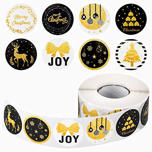 1000Pcs Christmas Stickers Labels Roll, 1.5 Inch Christmas Tags Black Gold Faux Glitter Holiday Stickers Envelope Seals for Christmas Decorations/ Cards Gift Bags