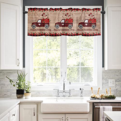 Valentine's Fram Truck Rose Curtain Valance And Tiers Set For Kitchen Windows,Red Love Heart Rod Pocket Panel Red Black Plaid Drapes,Retro Brown Wooden Tier Valances Window Treatment For Bedroom #TOP2