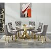 Henf Luxury 7-Piece Round Dining Table Set for 6, Modern Faux Marble Kitchen Table Set with 6 Grey Tufted Chairs, 45 White Gold Large Dinner Table and Chairs Set for Kitchen, Dining Room