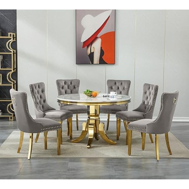 Henf Luxury 7-Piece Round Dining Table Set for 6, Modern Faux Marble Kitchen Table Set with 6 Grey Tufted Chairs, 45 White Gold Large Dinner Table and Chairs Set for Kitchen, Dining Room