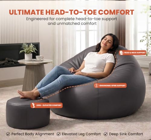 Image of Sattva Classic 3XL Bean Bag Chair with Beans Filled | Faux Leather Sofa Style Bin Bags with Footstool & Cushion | Comfort Beam Bag Sofa for Adults & Teens, Living Room & Office - Grey