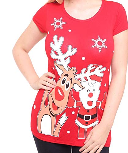 STAR FASHION Christmas Short Sleeve Tops for Women Festive Xmas Rudolph Reindeer Red Nose Print T-Shirt-Santa Red-20-22