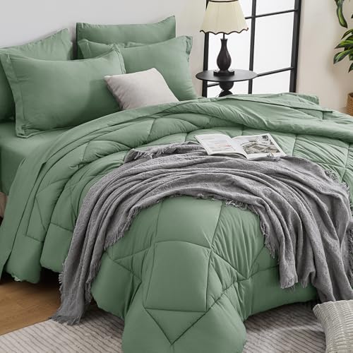HEVUMYI 7-Piece Queen Comforter Set, Sage Bed in a Bag