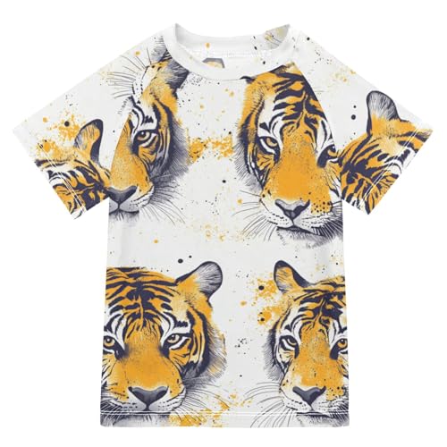 Boys Short Sleeve T-Shirts Tiger Cat Cool Graphic Rashguard Kids Swim Shirts Sun UPF 50+