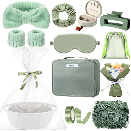 Kacctyen Sage Green Gift Basket for Women Include Woven Basket Makeup Bag Sleep Mask Jewelry Box Hair Bow Crochet Flower and More Self Care Birthday Gift Box for Mom Wife Friends Sister Coworker