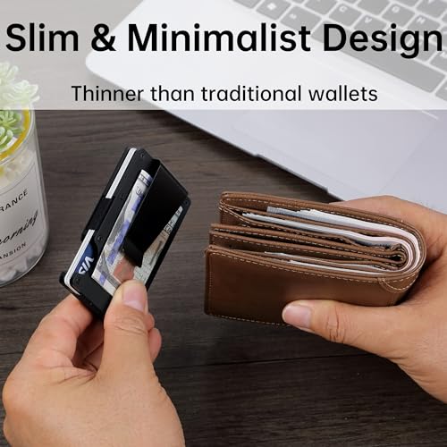 Image of Minimalist Carbon Fiber Wallet for Men, Money Clip Cash Strap Wallet, RFID Blocking Metal Wallet Aluminum Card Holder,Front Pocket Wallet(Matte Black)