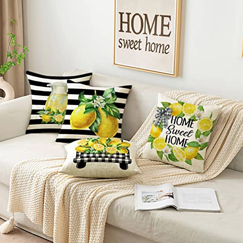 Lemon Pillow Covers 18X18 Set Of 4, Spring Summer Farmhouse Lemon Throw Pillow Case, Black And White Stripe Buffalo Plaid Truck Decorative Pillow Covers For Living Room, Bedroom, Couch, Car #TOP1