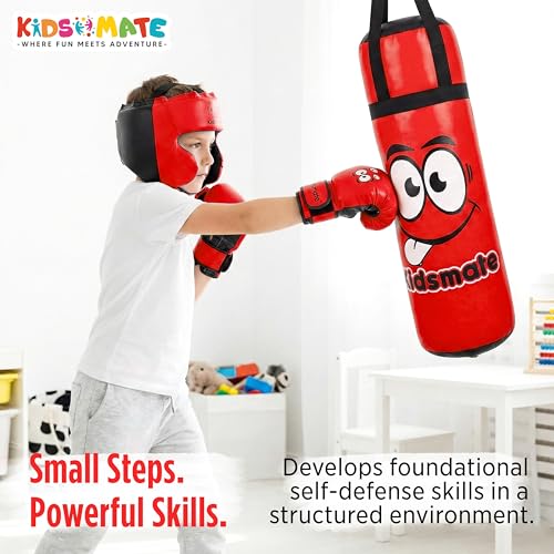 Image of Kidsmate Boxing Kit for Kids of Age 3-8 Yrs | Safe Synthetic Leather Punching Bag with Gloves Set | Boxing Set for Karate Training & Punch Practice | Playful Fitness Activity for Boys & Girls (Red)